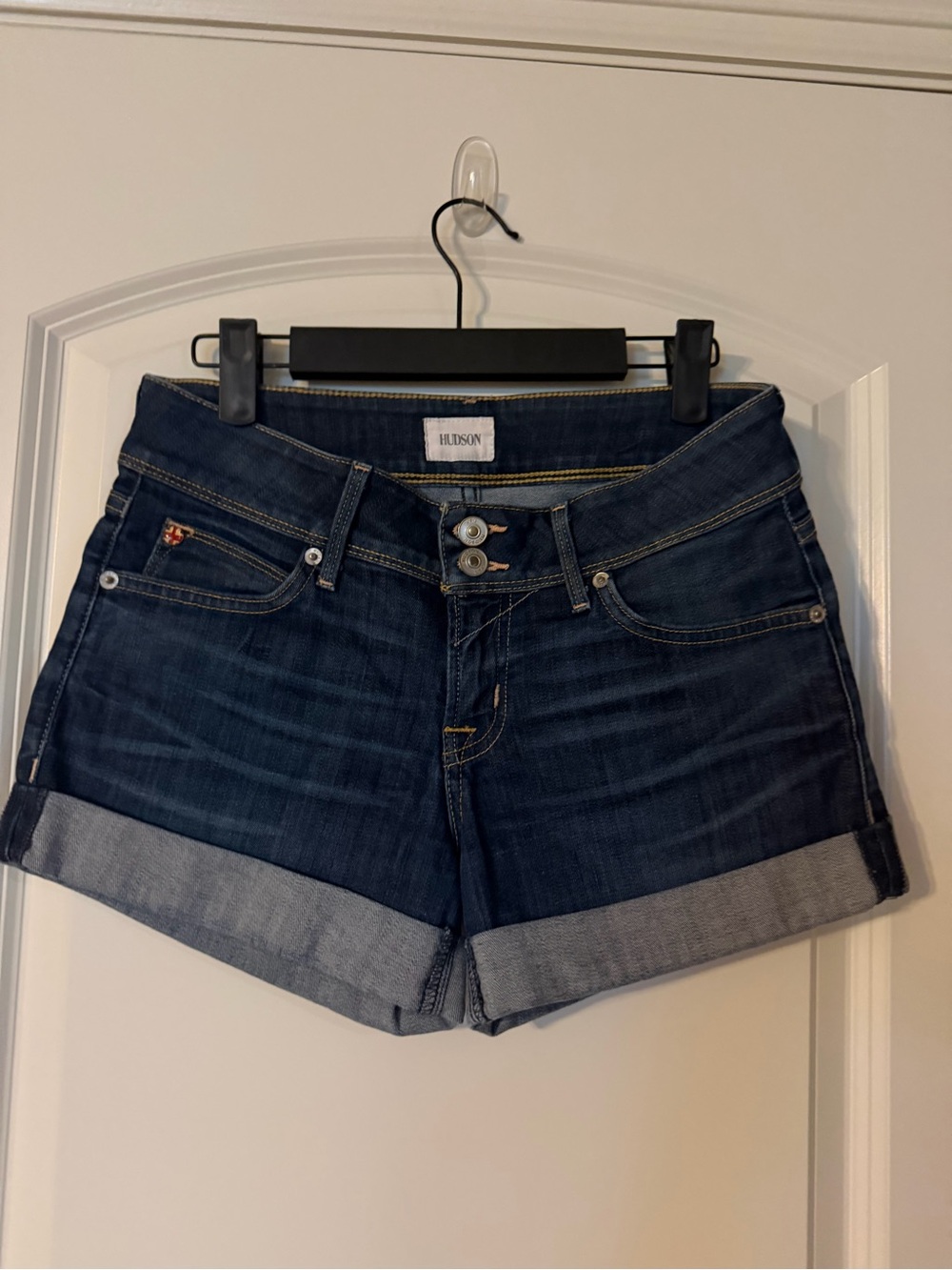 Hudson Jeans Dark Blue Cuffed Croxley Mid Thigh Denim Shorts